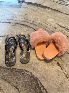 Bebe Black Script Flip Flops & Pink Faux Fur Slide Pair**BUNDLE*